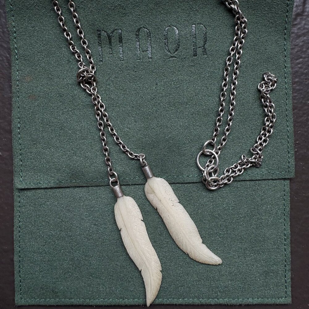 MAOR Double Feather Pendant Silver Necklace